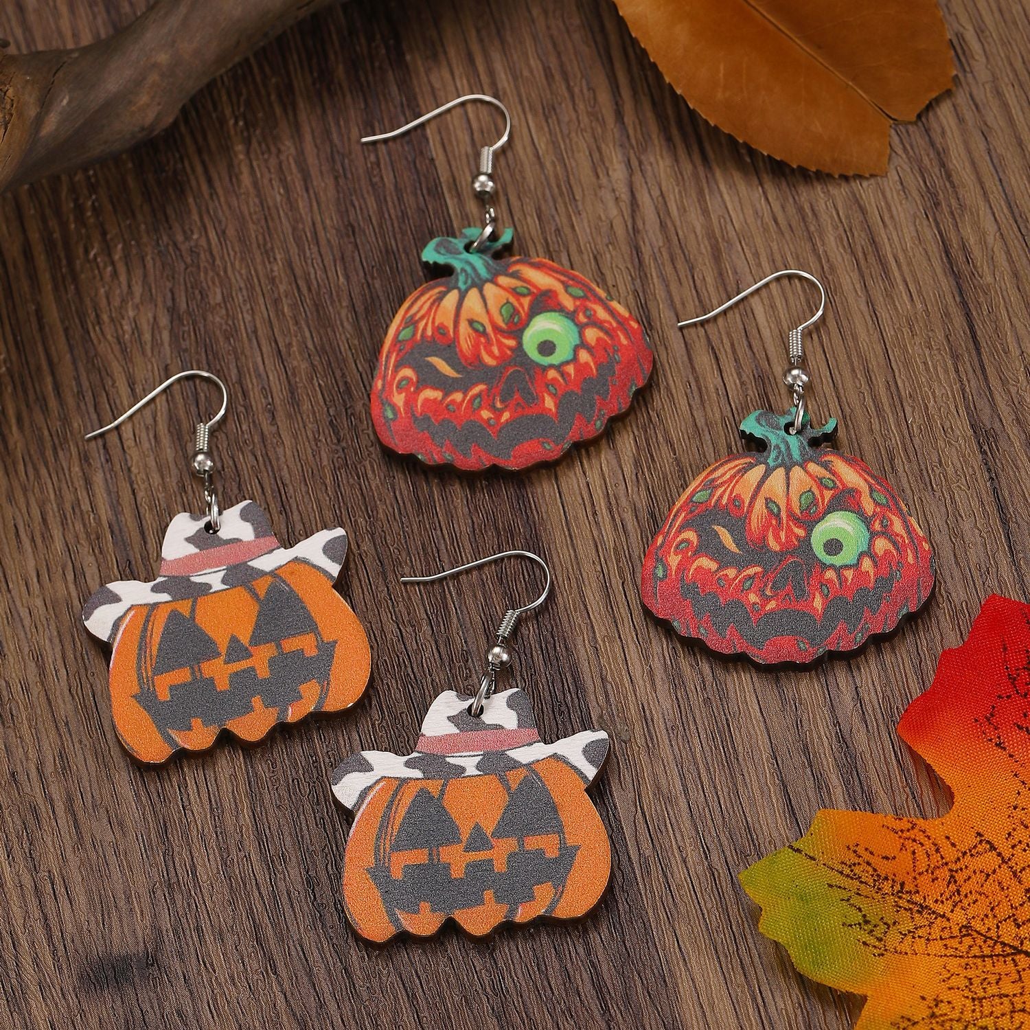 Wholesale  Gothic Western Wooden Pendant Earrings with Pumpkin Skull Print Jewelry Accessory for Resale