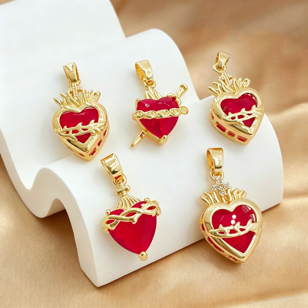 Wholesale European Style Red Heart-Shaped Zircon Cross Pendant Necklace,  Copper Gold-Plated Jewelry Accessory for Women