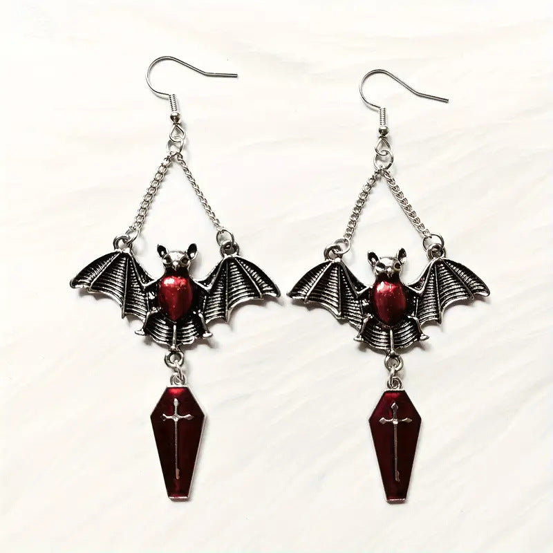 Wholesale dark gothic exaggerated red vampire bat earrings
