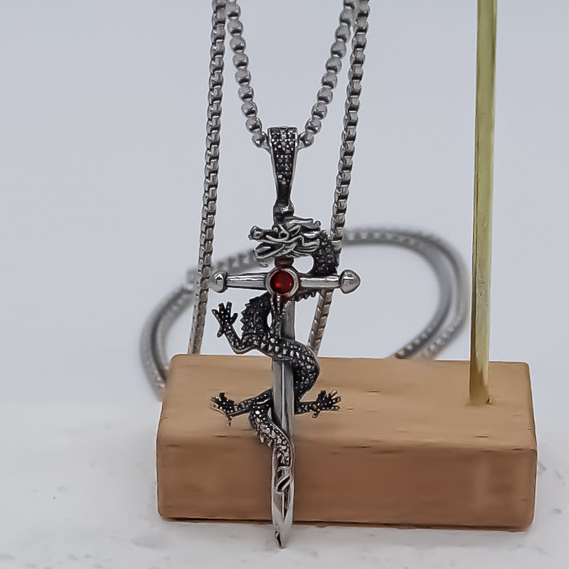 Wholesale Silver Electroplated Alloy Dragon Sword Pendant Necklace Chinese Style Unisex Fashion Jewelry Gift
