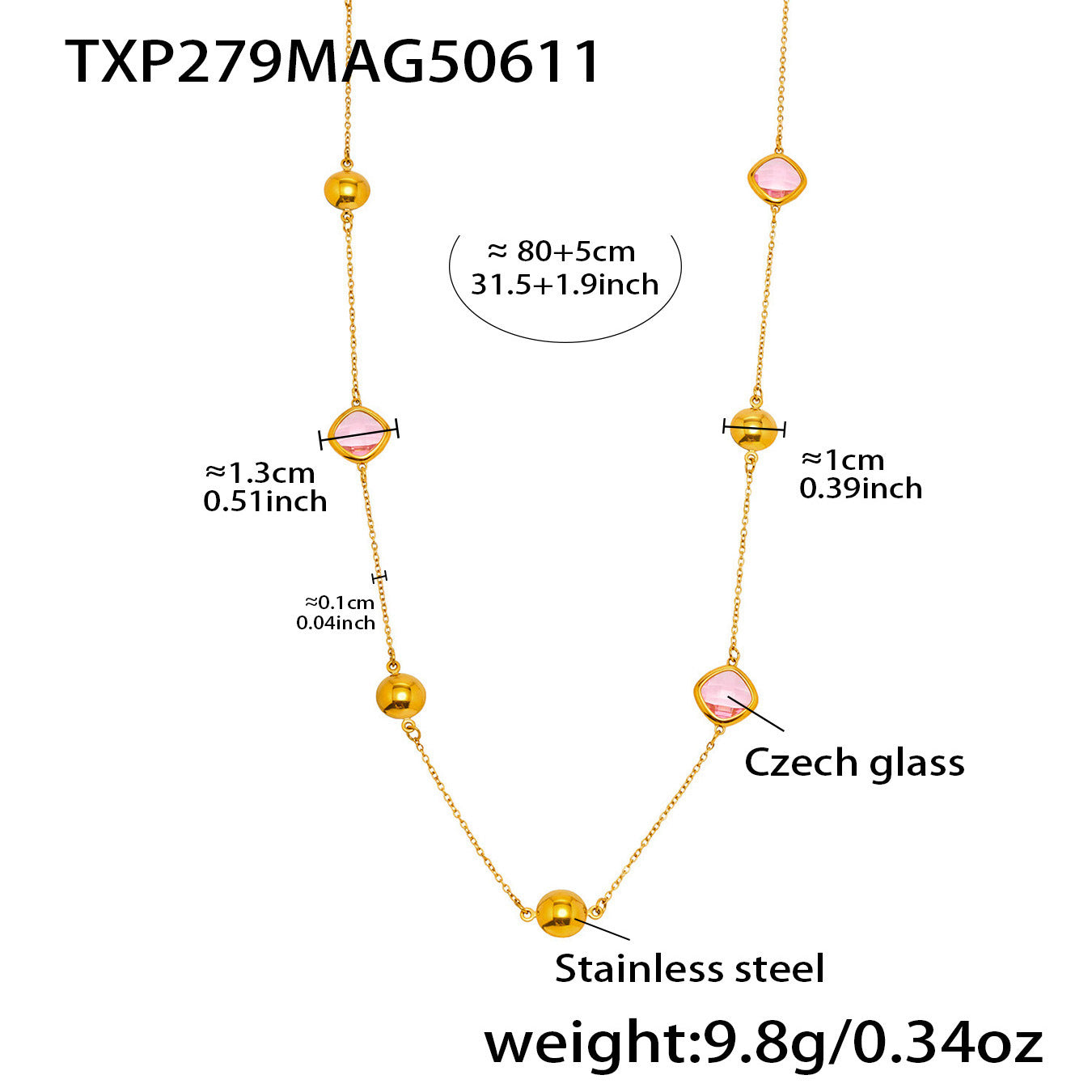 Wholesale Stainless steel Glass Stone Plated 18K Gold Long Necklace