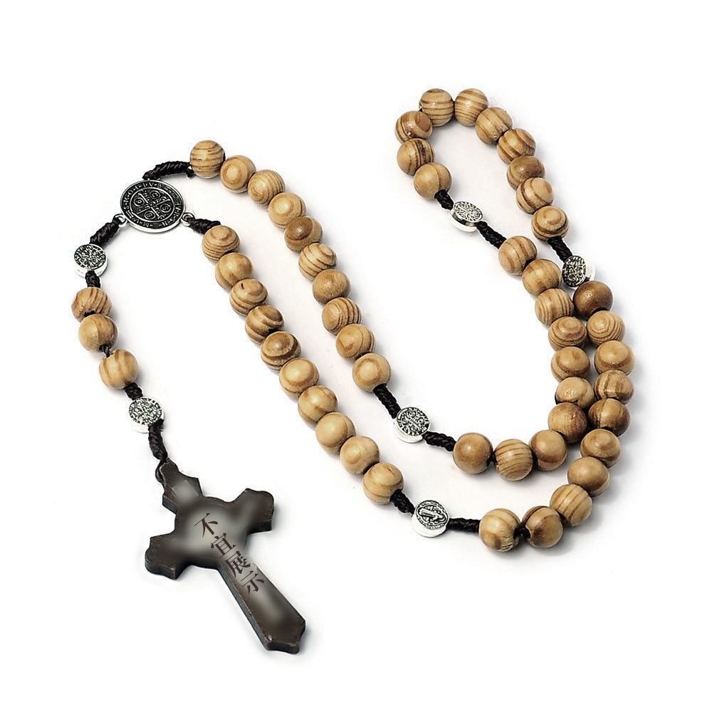 Wholesale Natural Wood Beads Cross Rosary Necklace Handwoven ACC-NE-Chengz002