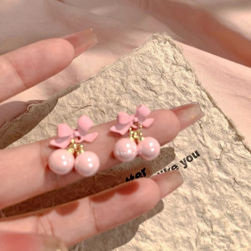 Wholesale Pink Bow Earrings Cute Pearl Earrings