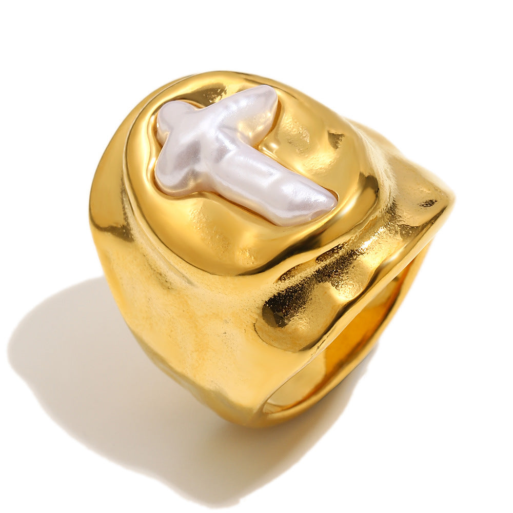 Wholesale 18K Gold Plated Imitation Pearl Cross Oval Ring,  Niche Style Fashion Jewelry Accessory for Boutique Resale