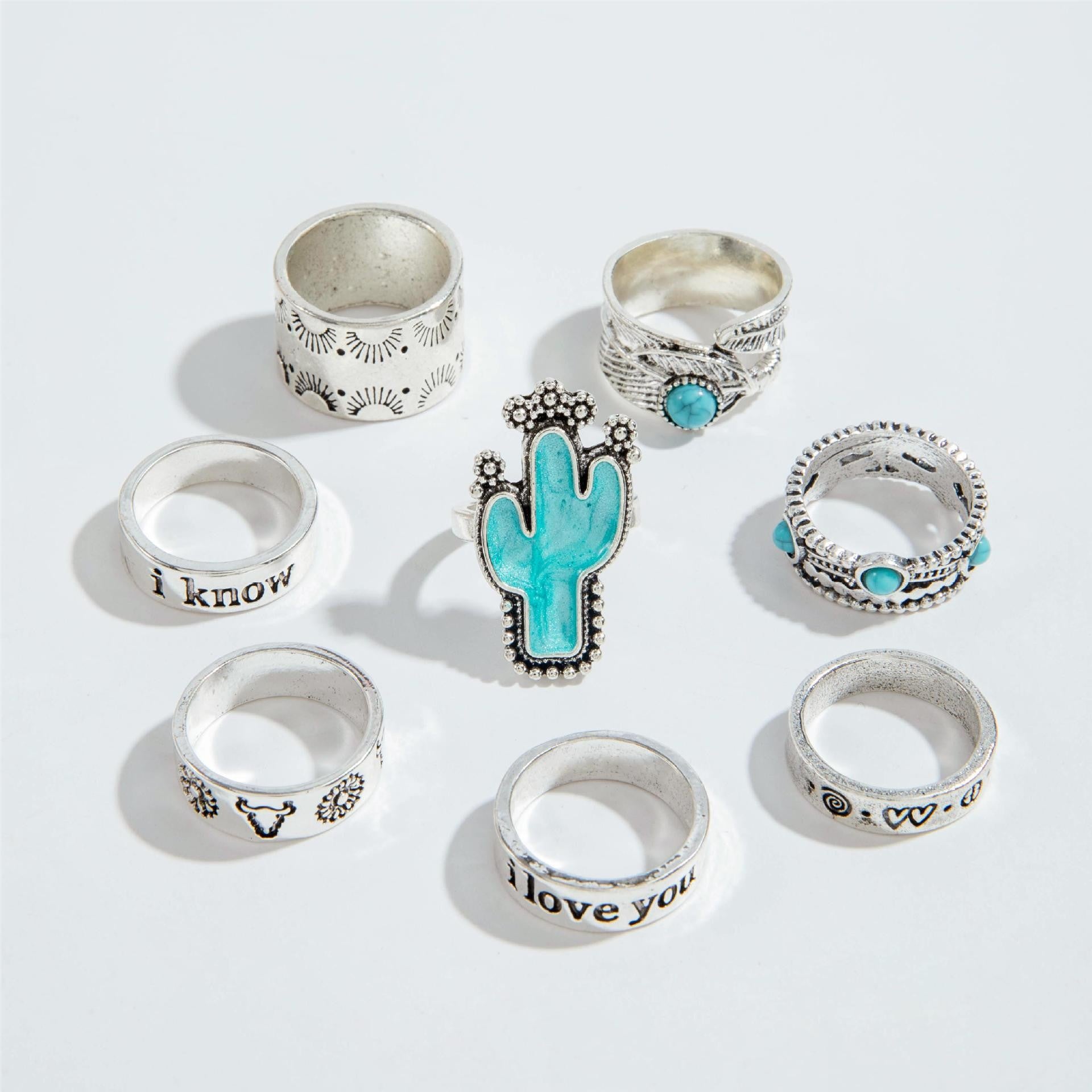 Wholesale Retro Ethnic Style Turquoise Carved Feather Ring Vintage ACC-RS-YongGe005