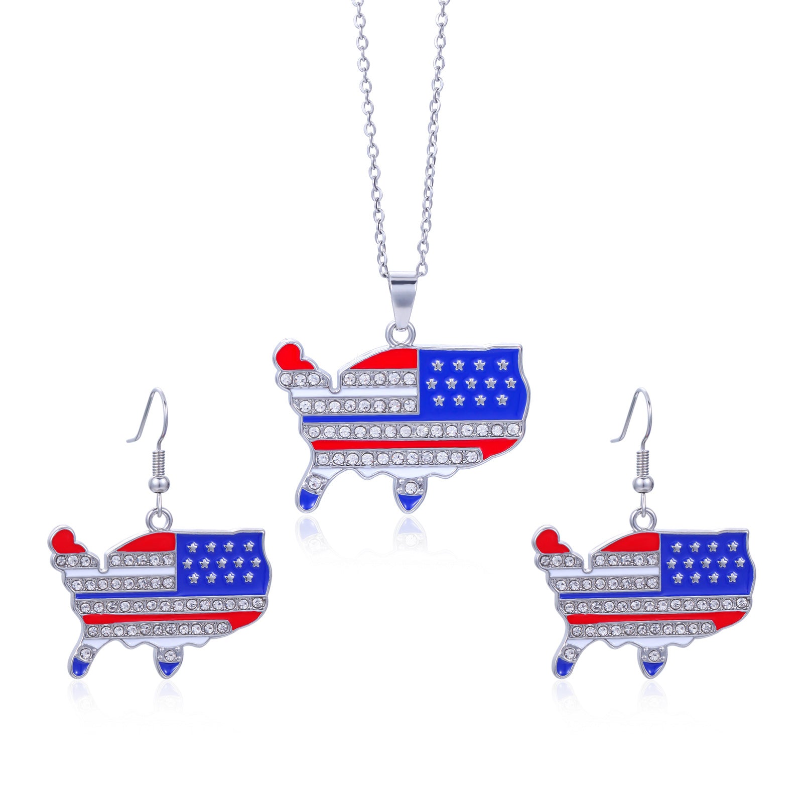 Wholesale American Independence Day Alloy Diamond Flag Stripe Earrings Necklace Set ACC-ES-BinLi001