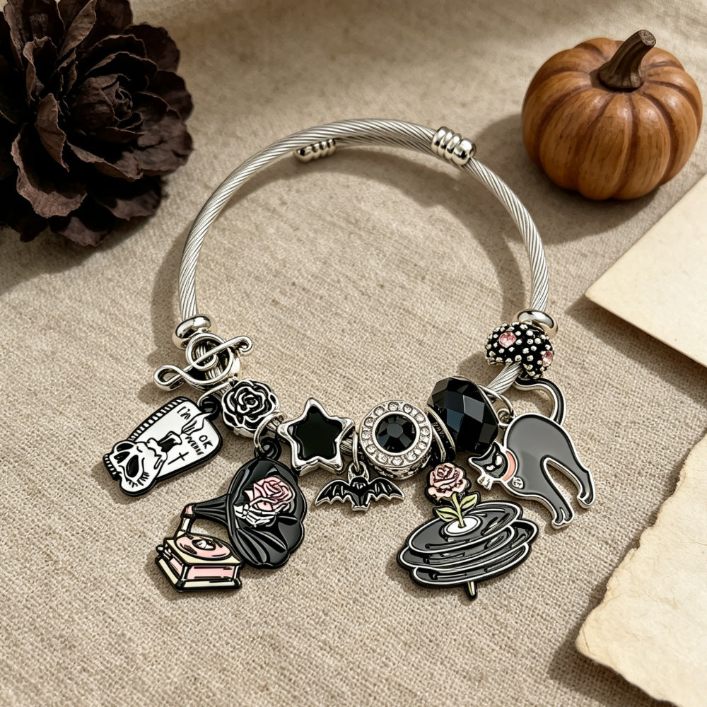 Wholesale Stainless Steel Electroplated Skull Butterfly Pendant Bracelet Retro Vinyl Record Grim Reaper Black Cat Women S Everyday Wear