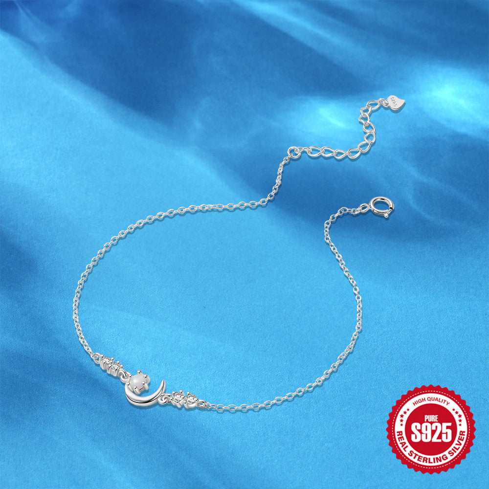 Wholesale S925 Sterling Silver Diamond-encrusted Crescent Moon Anklet