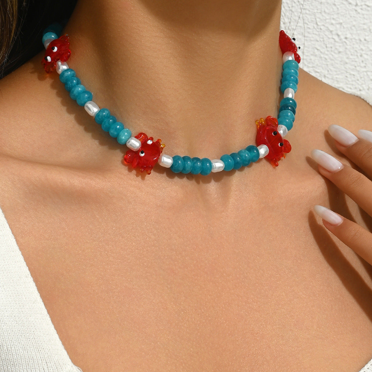 Wholesale Ocean Style Crab Necklace Blue Natural Stone Pearl Beaded Bohemian Style Clavicle Necklace