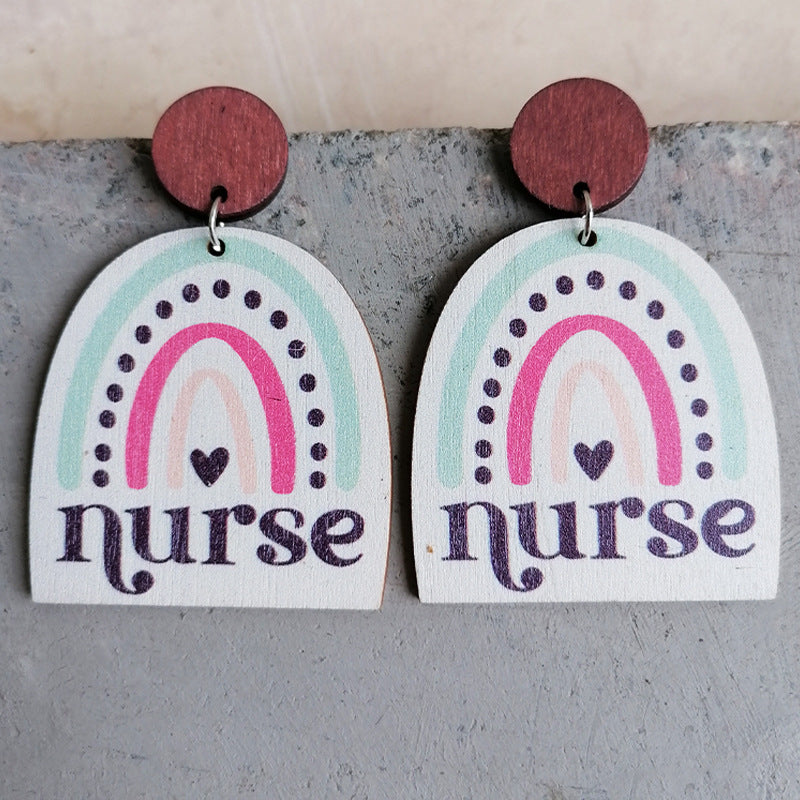 Wholesale 2 Pairs/pack Optimistic Inspirational Text Rainbow Nurse Wooden Earrings ACC-ES-HY018