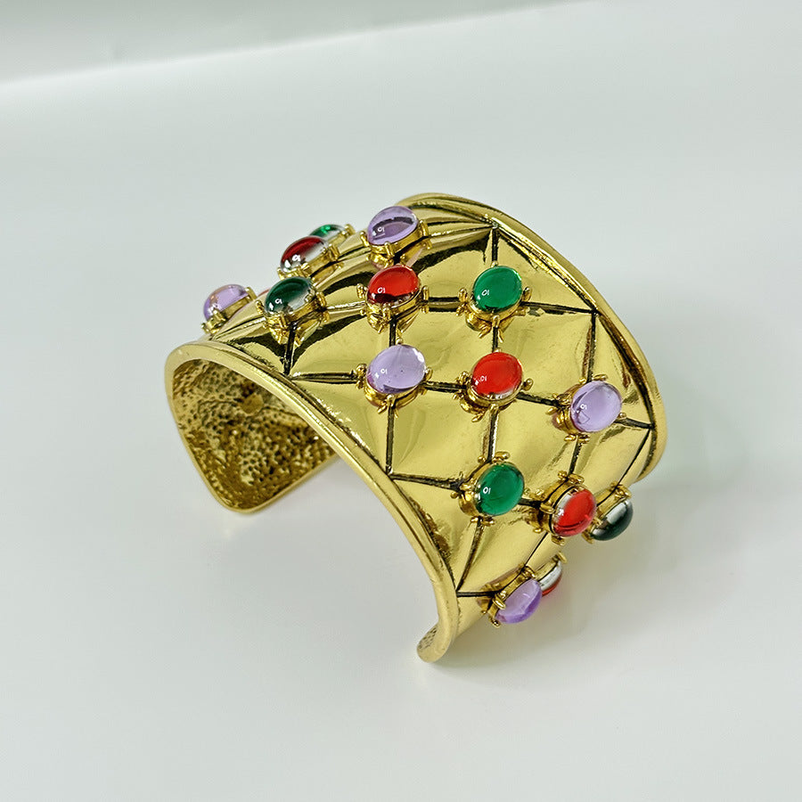 Wholesale  Old Diamond Plaid Color Gem Wide Bracelet