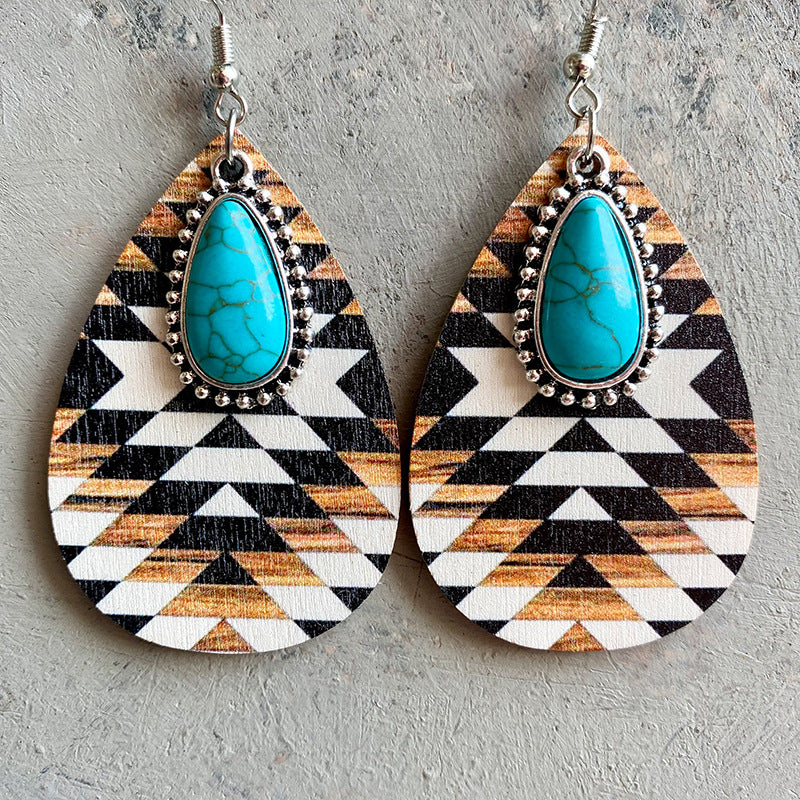 Wholesale Western Style Aztec Turquoise Bohemian Vintage Wooden Earrings ACC-ES-HY002