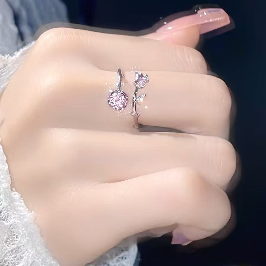 Wholesale Alloy Pink Zirconia Flower Ring Open Adjustable Band Fairy Style Women S Jewelry Everyday Wear Boutique Resale