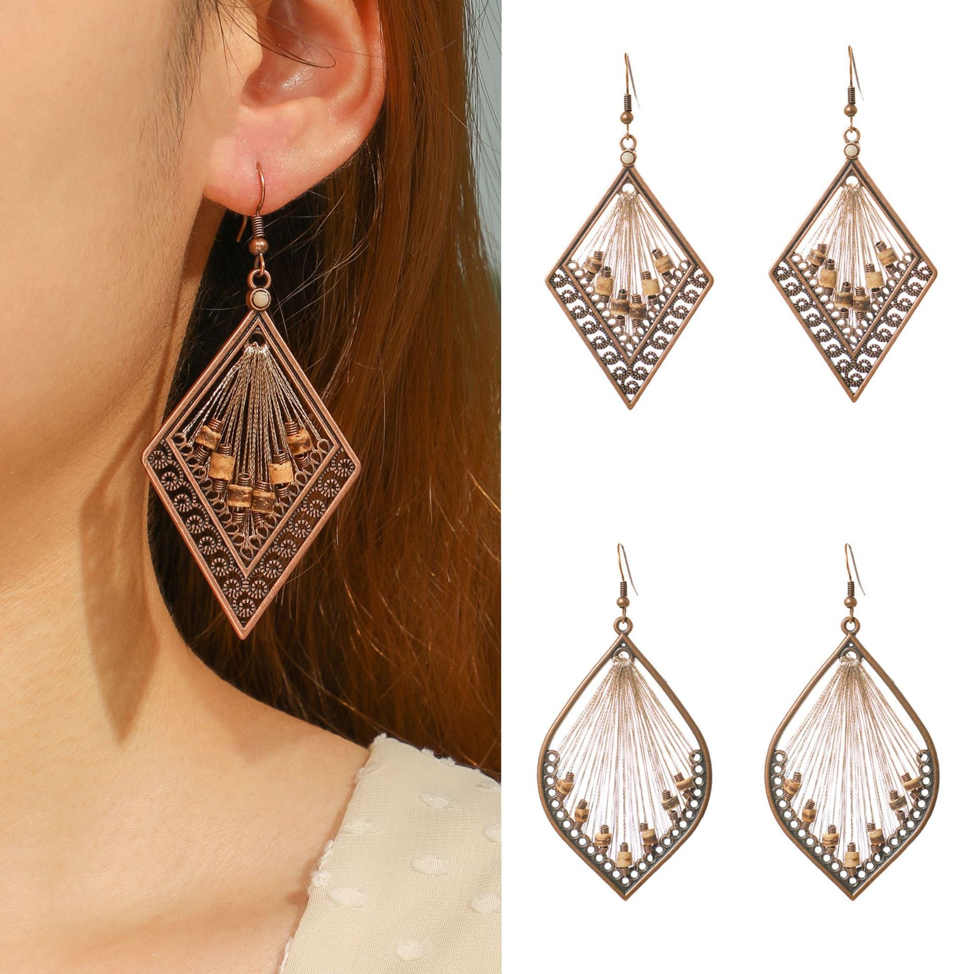 Wholesale Retro Drop Shaped Hand-Woven Earrings Alloy European American Fashion Accessory