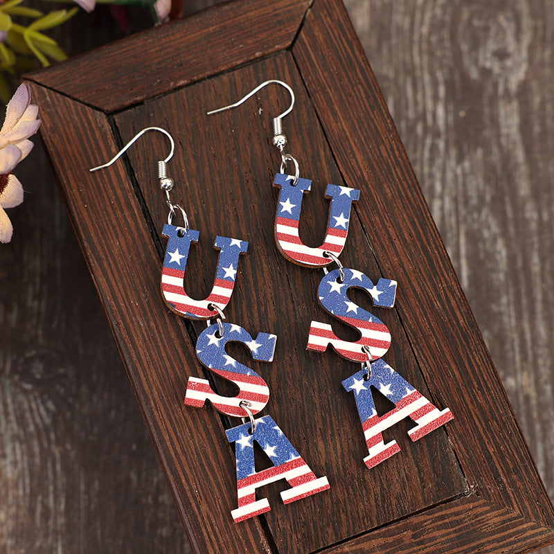 Wholesale Independence Day USA striped five-pointed star retro wooden earrings
