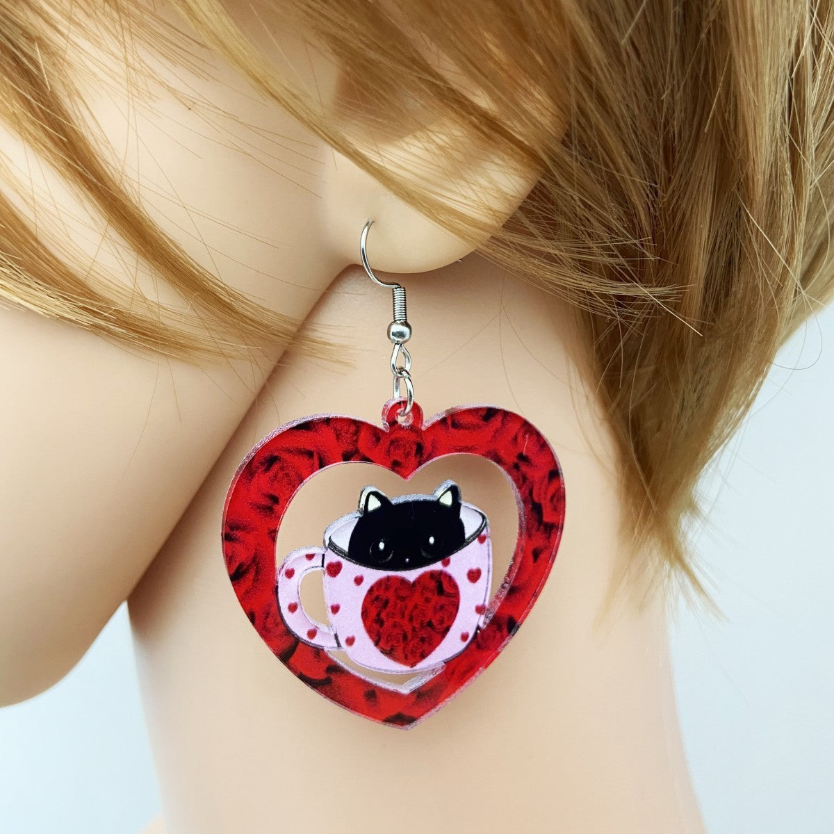 Wholesale Acrylic Printed Heart Cat Earrings