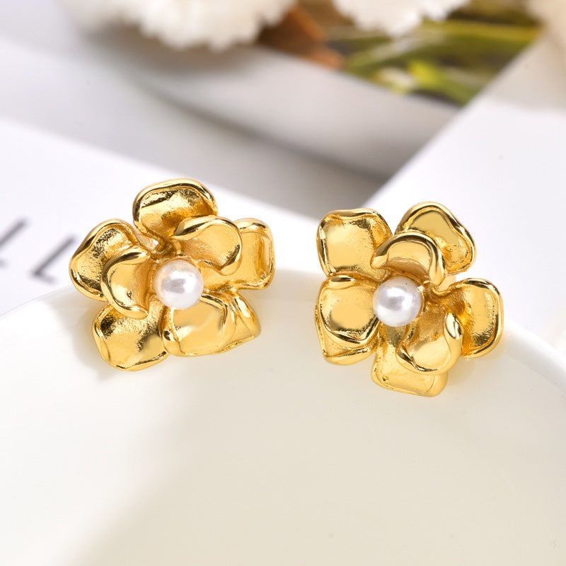 Wholesale Gold Cat' s Eye Stone Stainless Steel Earrings,  Vintage Exaggerated Ear Jewelry,  Light Luxury High-End Retro Floral Pearl Stud Earrings for Women