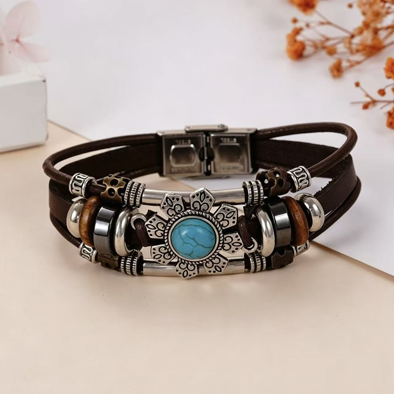 Wholesale Handwoven Leather Turquoise Bracelet Men Unisex Trendy Jewelry Accessory