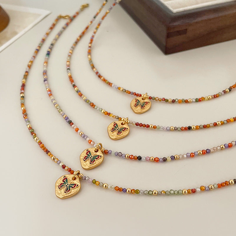 Wholesale Colorful Zircon Beaded Oil Butterfly Necklace