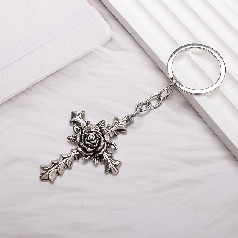 Wholesale Silver Electroplated Alloy Flower Cross Keychain Chic Bag Charm For Men Women