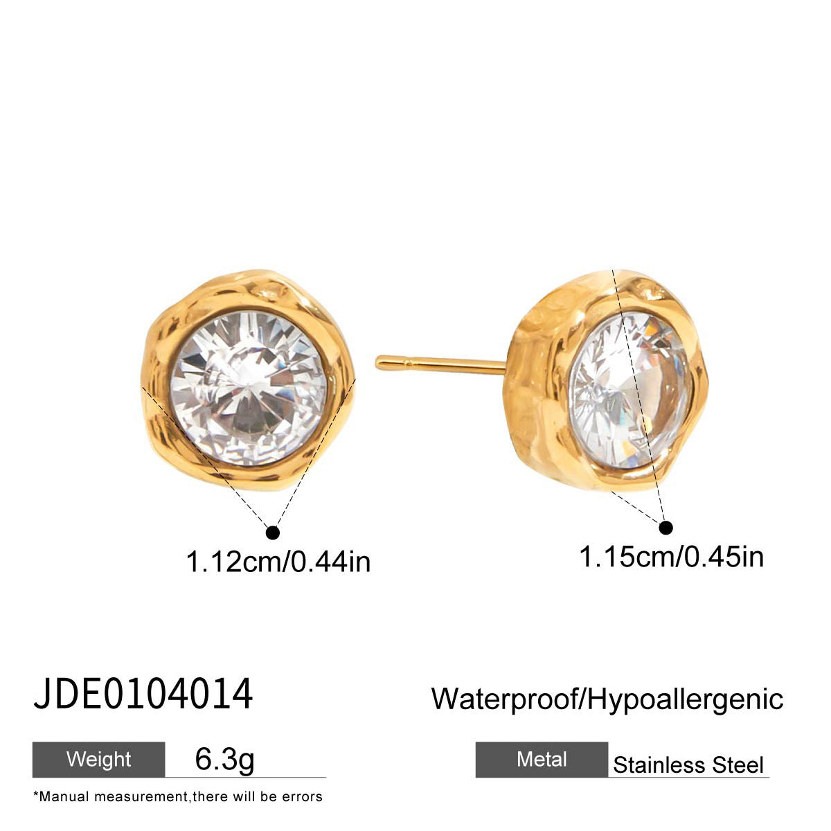 Wholesale  18K Gold Stainless Steel Round White Zircon Earrings
