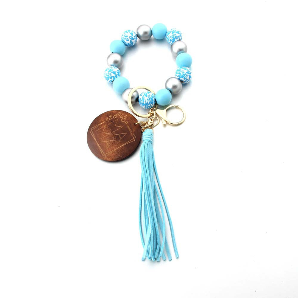 Wholesale Leopard Print MAMA Mother's Day Wooden Beads Beaded Keychain Wristlet Keychain ACC-KC-JinAn010