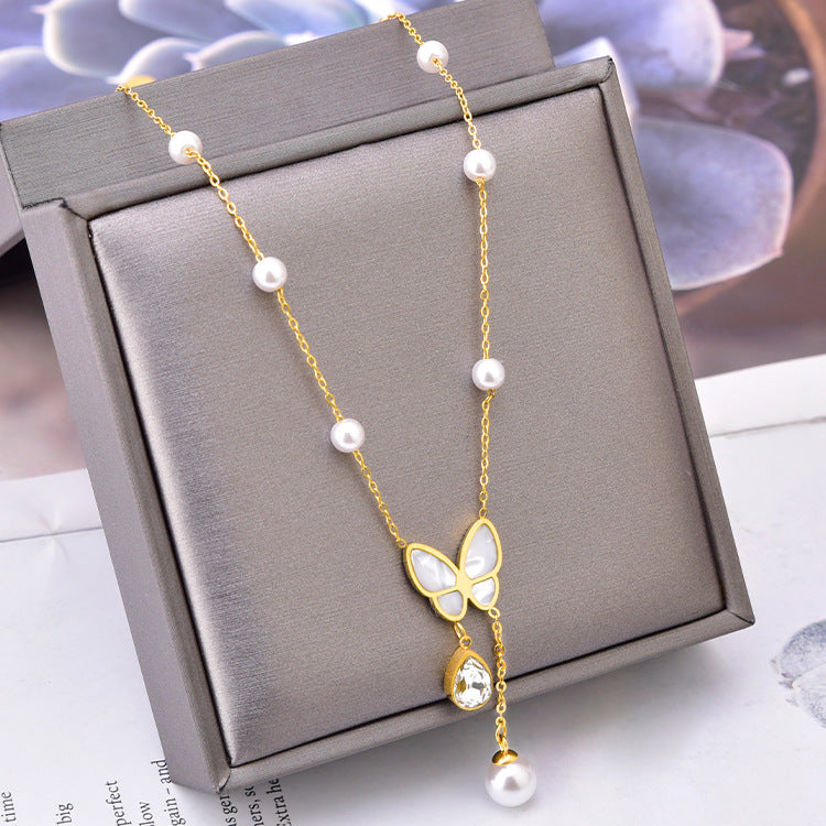 Wholesale Shell Butterfly Clavicle Chain Pearl Tassel Drop Shape Zircon Pendant Titanium Steel Necklace ACC-NE-JinLang005