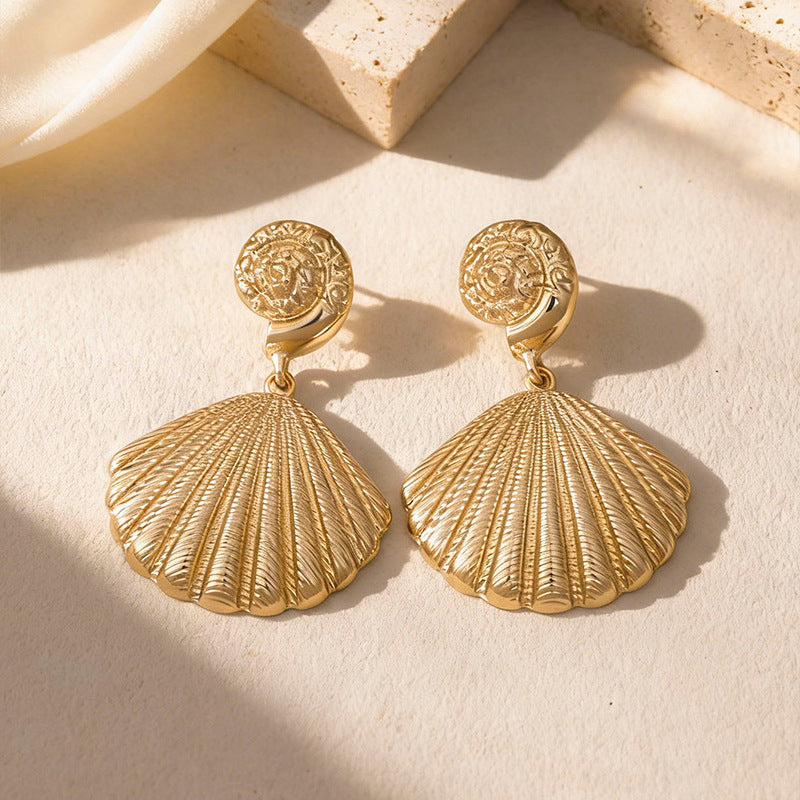 Wholesale Ocean-Inspired Textured Gold Conch and Starfish Stud Earrings