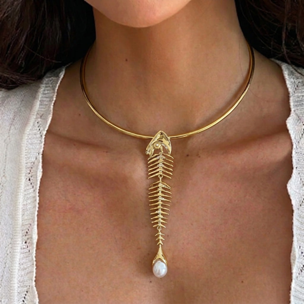 Wholesale Vintage Fishbone Pearl Pendant Necklace,  Alloy Plated Geometric,  62cm - Fashion Jewelry Accessory for Resale