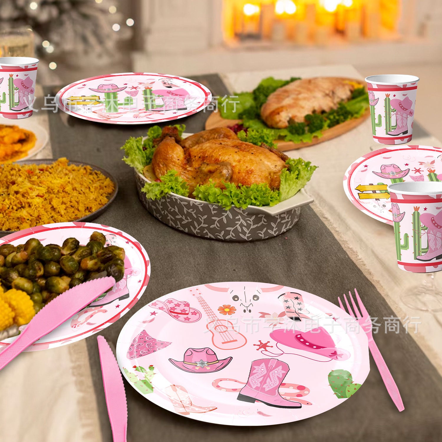 Wholesale Western pink cowboy cap theme party tableware supplies banner pull flag decoration supplies