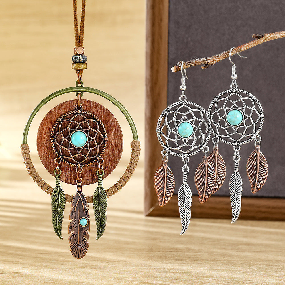 Wholesale Dream Catcher  Web Earrings and Necklace Set,  Alloy with Feather Tassel,  Ethnic Style Jewelry for Gift,  Party,  or Resale