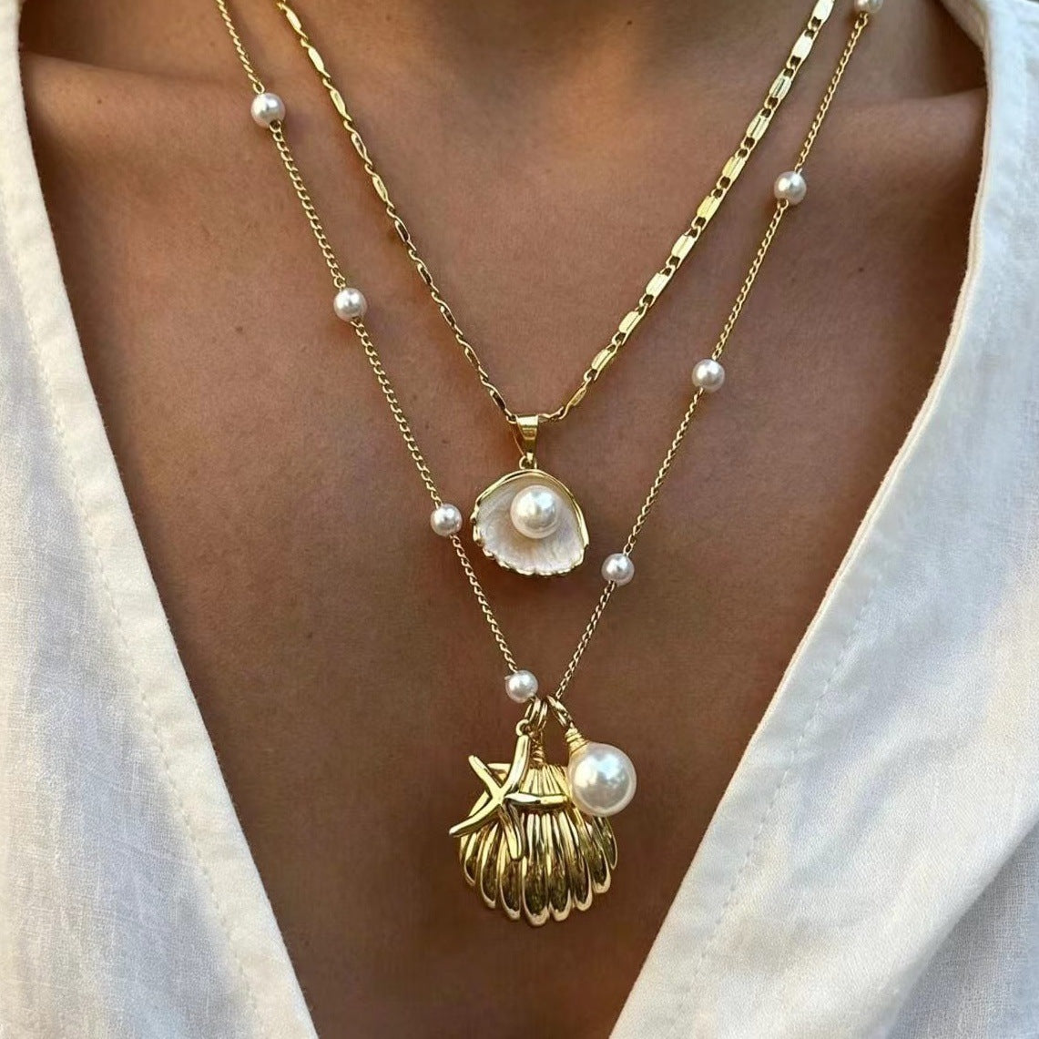Wholesale Zinc Alloy Electroplated Double Layer Pearl Shell Necklace Summer Beach Vacation Style Fashion Accessory