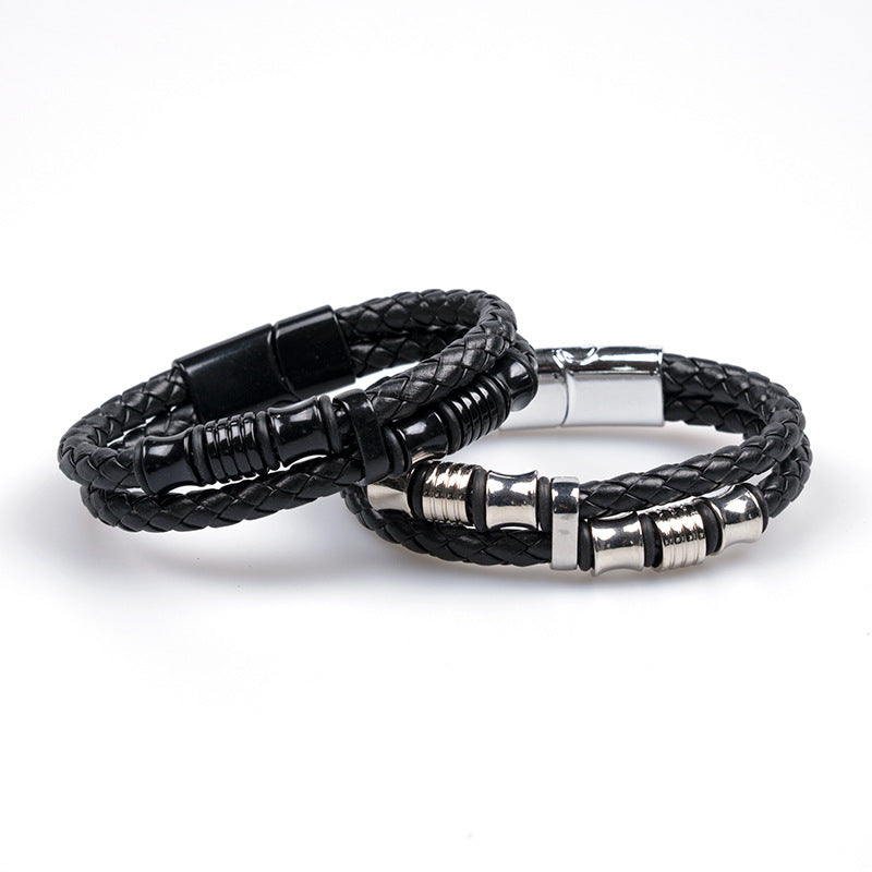 Wholesale Black Leather Rope Men's Double-layer Braided Leather Bracelet