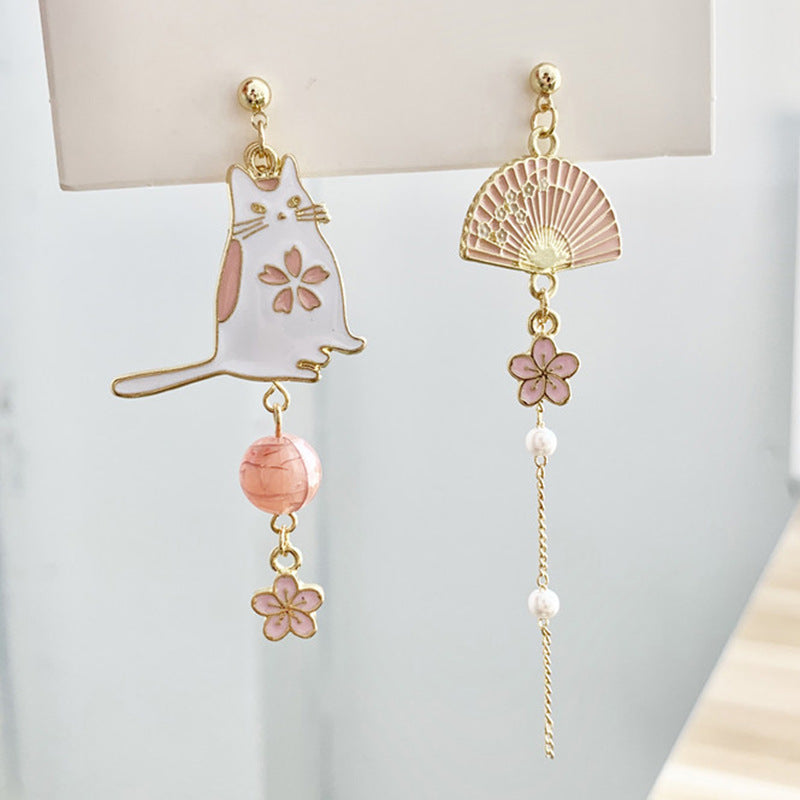 Wholesale  Cat Flower Asymmetric Long Tassel Pendant Rhinestone  Earrings