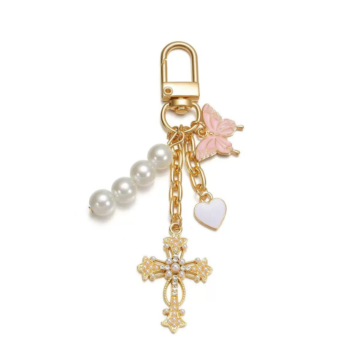 Wholesale Zinc Alloy Heart Butterfly Cross Keychain Bag Charm For Women Car Keys Wallet Pearl Initial Pendant