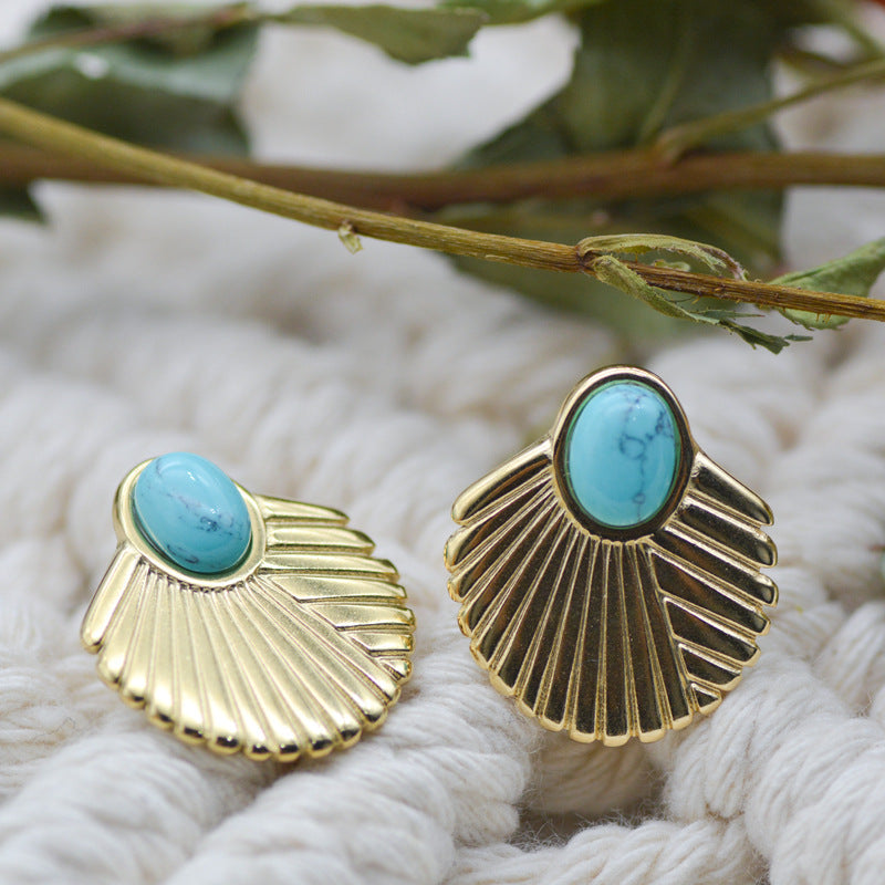 Wholesale Natural Stone Earrings 18K Gold Stainless Steel Bohemian Fan-shaped Turquoise Earrings