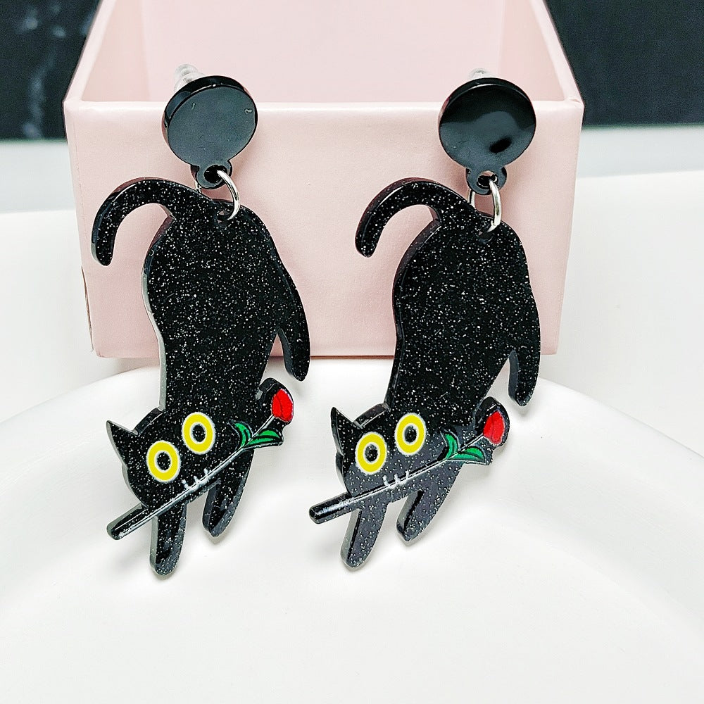 Wholesale Acrylic Sheet Cartoon Black Cat Rose Flower Earrings ACC-ES-Qiyu004