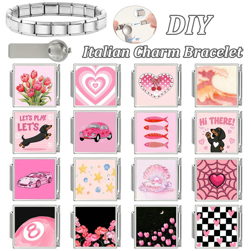 Wholesale Italian Style DIY Pink Heart Pet Car Theme Stainless Steel Bracelet Jewelry Accessory