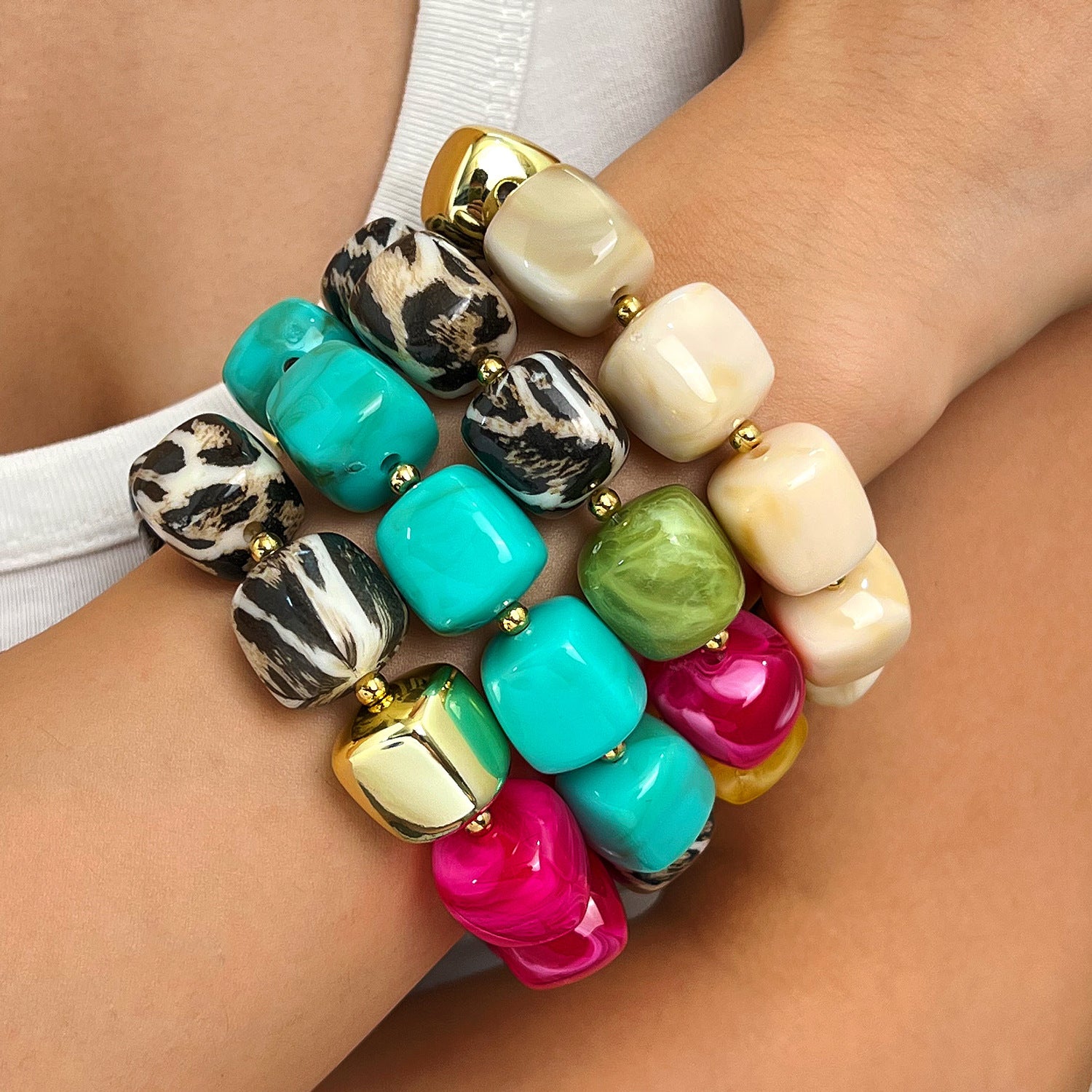 Wholesale Stylish Macaron Marble Resin Cube Bracelet Retro Gold Bead Design Everyday Unisex Jewelry Accessory Gift Resale