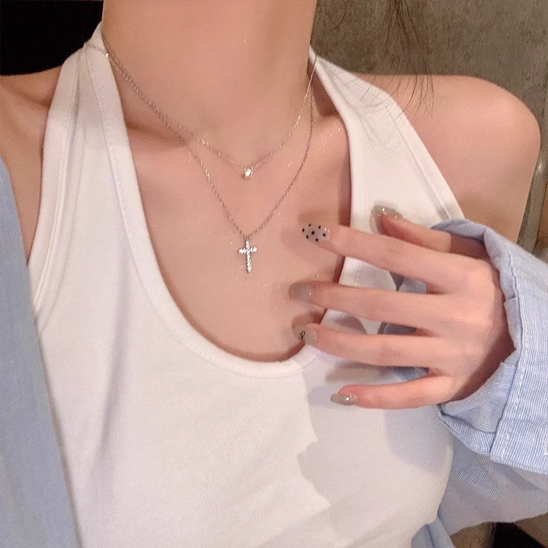 Wholesale Stylish Titanium Steel Cross Necklace with Zirconium Accents Fashion Jewelry Gift