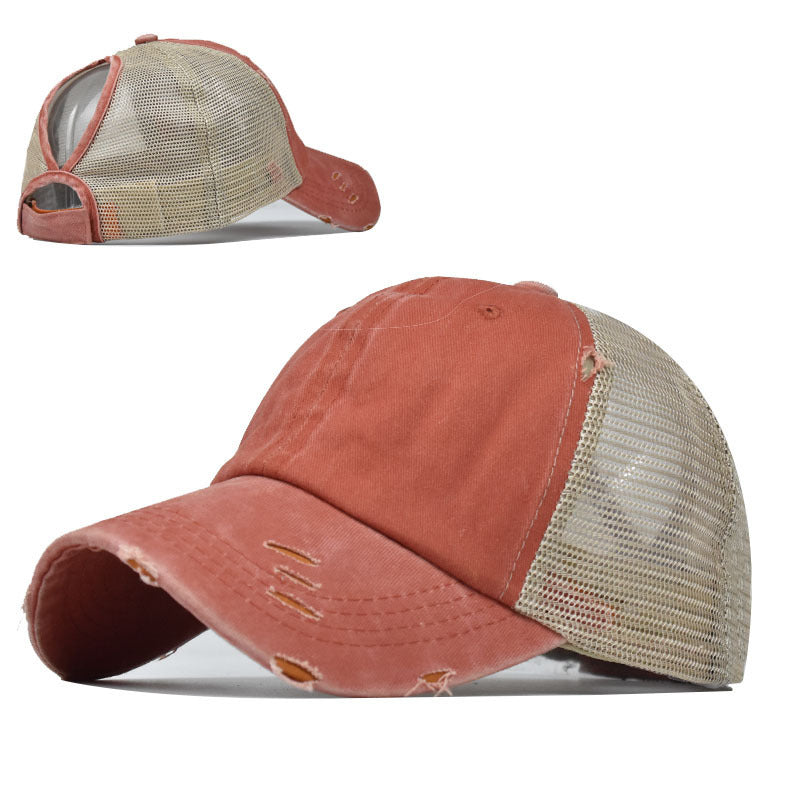Wholesale Fashion Distressed Ponytail Baseball Cap For Women Curved Brim Adjustable Mesh Sun Hat Outdoor