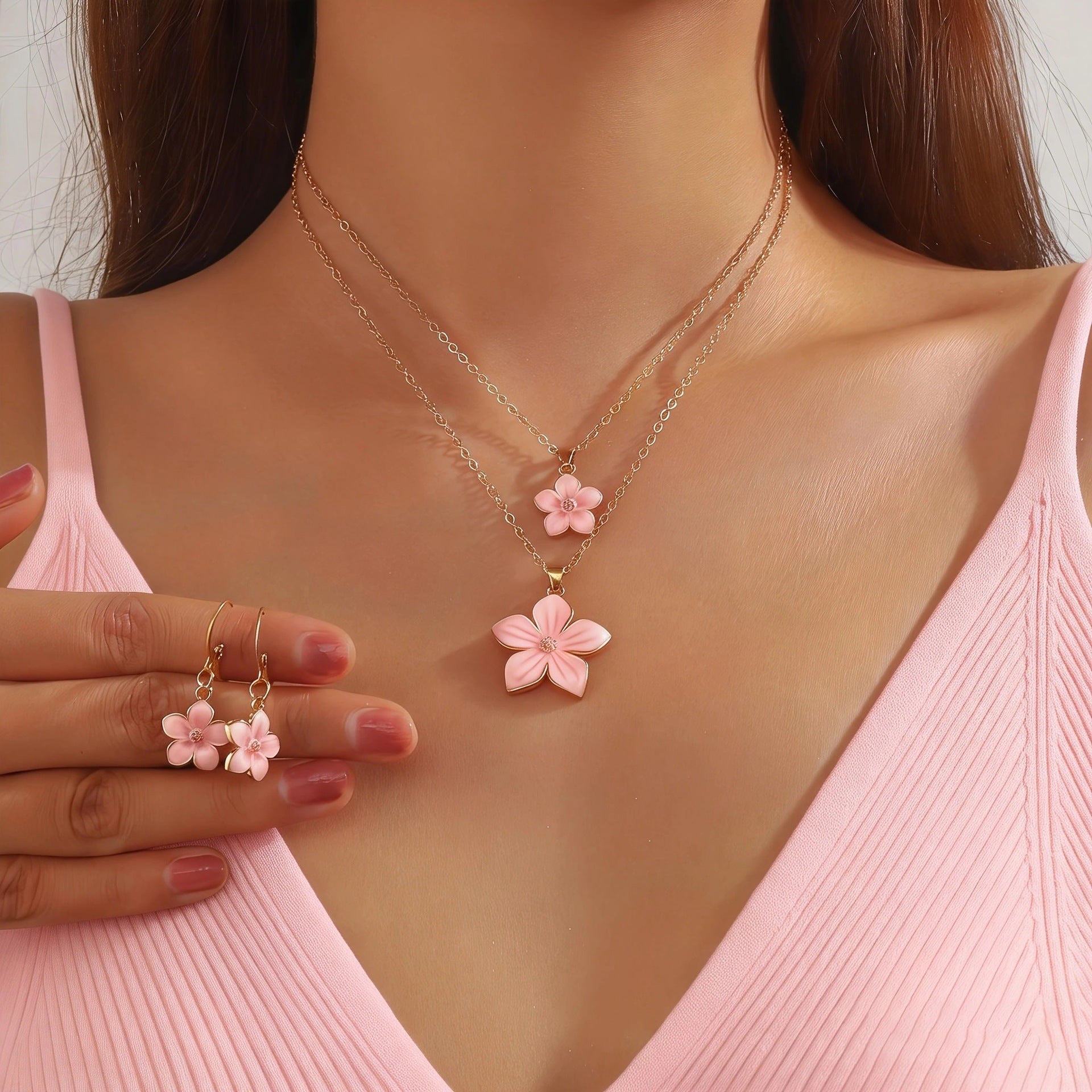 Wholesale Trendy Red Flower Rhinestone Necklace and Earrings Set,  Metal Electroplated Multi-Layer Chain,  Boutique Resale