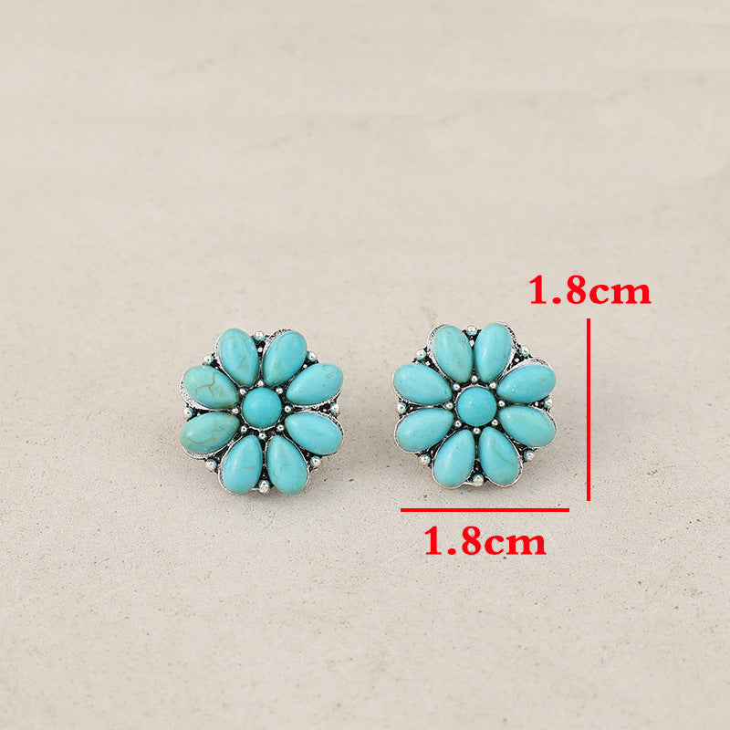 Wholesale Retro Bohemian Flower Silver Inlaid Turquoise Earrings for Everyday Wear Fashion Accessory