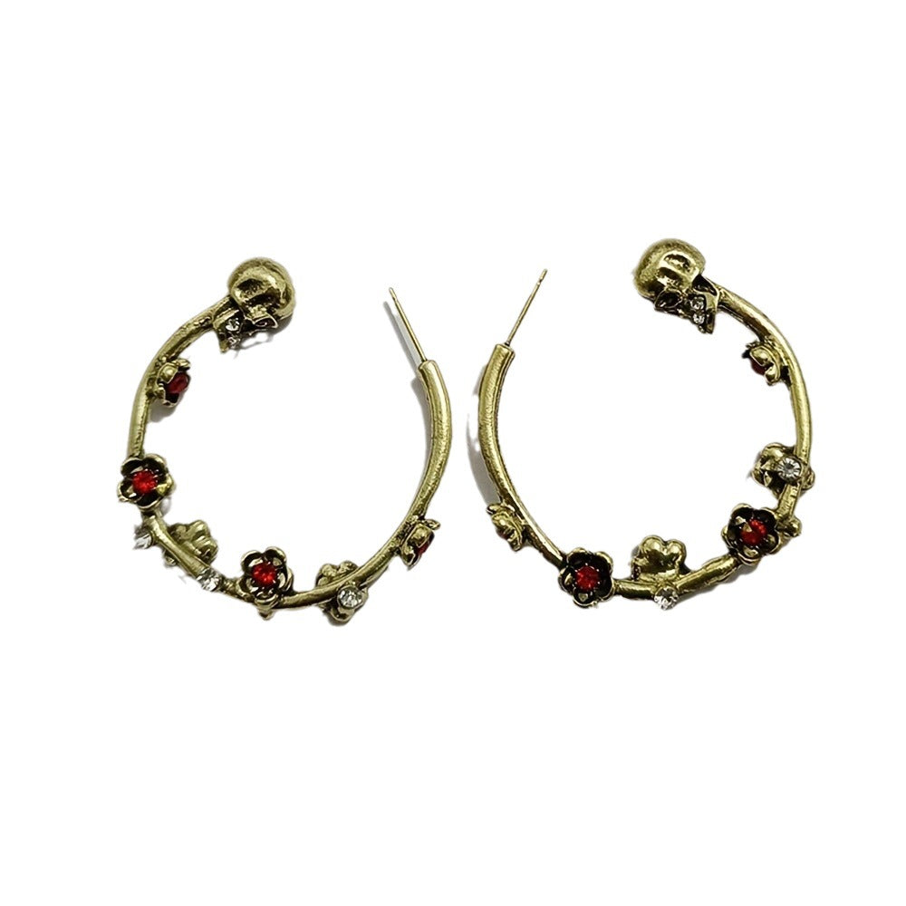 Wholesale Ancient Gold Alloy Skull Flower Hoop Earrings Electroplated Fashion Jewelry Accessory for Women Boutique Resale