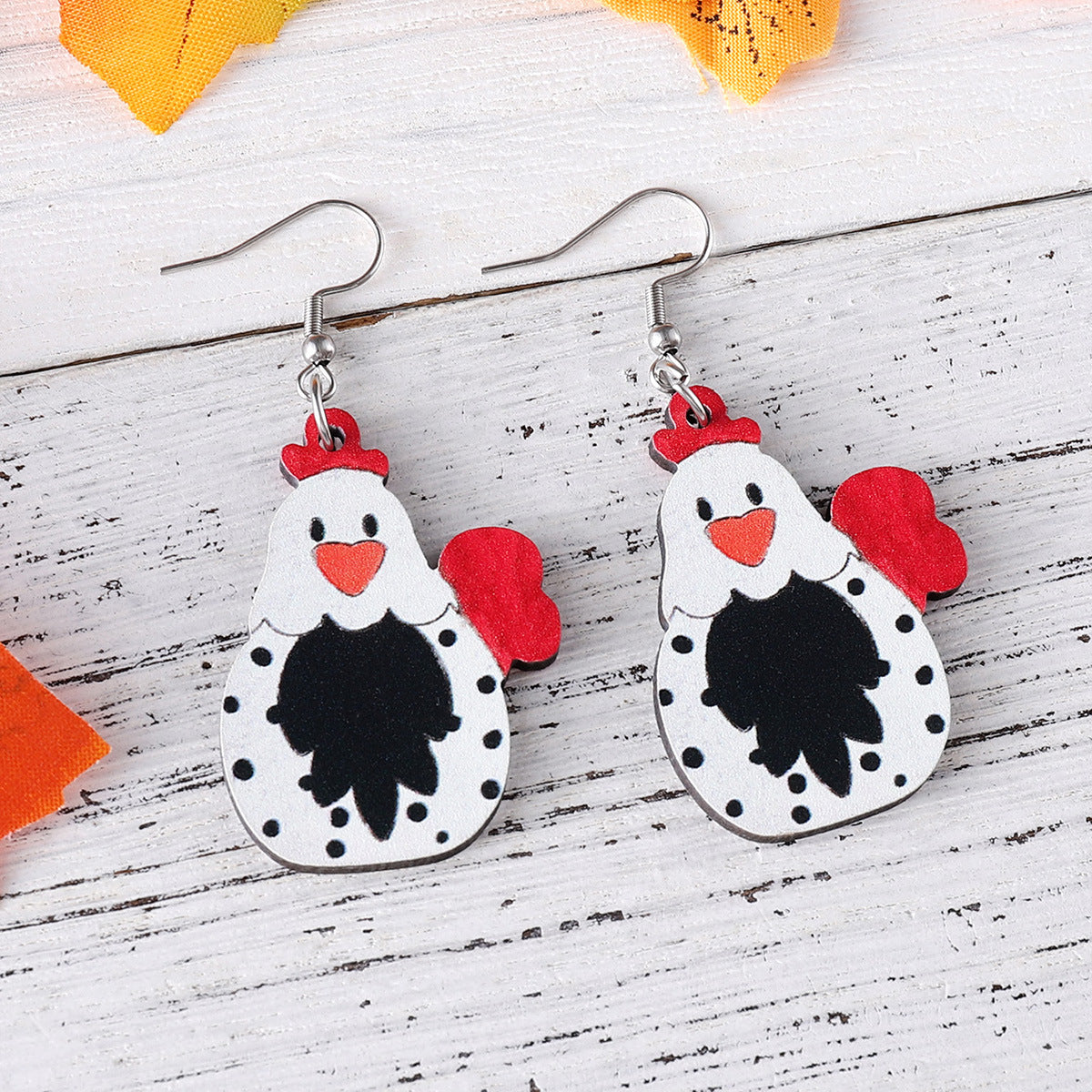 Wholesale Western Style Thanksgiving Day Farm Hen Pendant Wood Earrings ACC-ES-ChuLian028