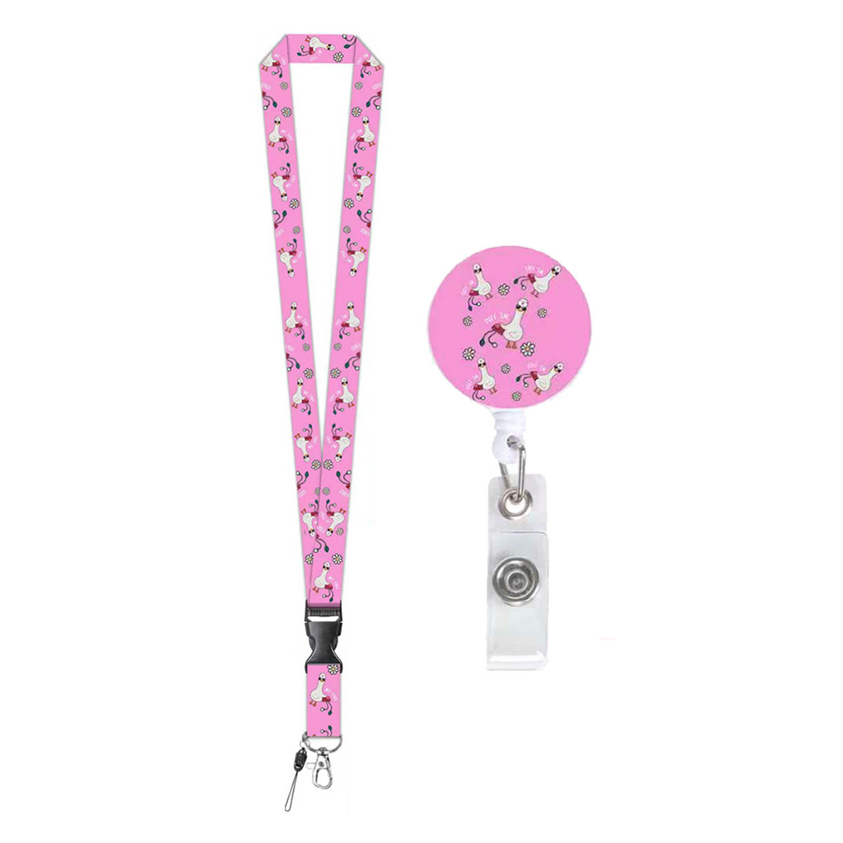 Wholesale Cross-border hot-selling retractable easy-pull buckle,  fun white goose UV printed name tag/ card holder,  polyester lanyard,  medical name tag buckle,  in stock.
