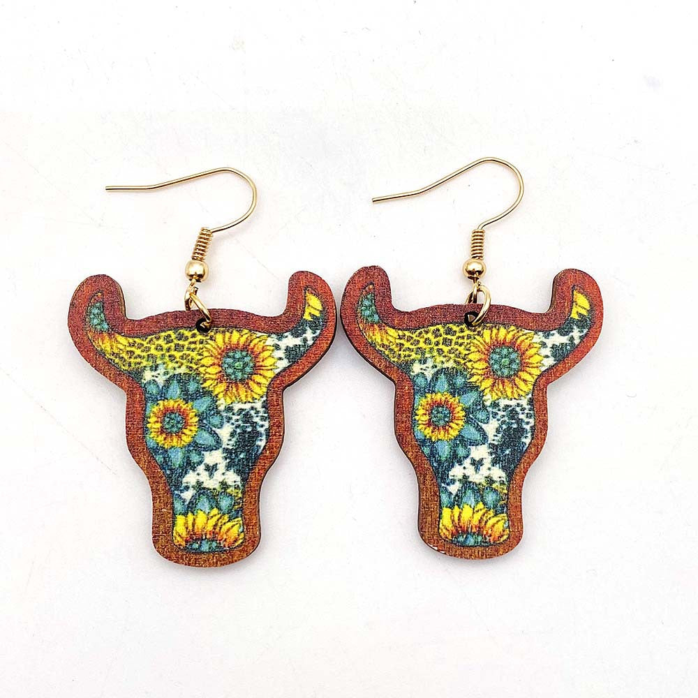 Wholesale Vintage Wooden Western Bullhead Sunflower Bohemian Earrings