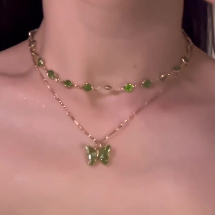 Wholesale Forest-style Green Double-layered Butterfly Choker Necklace