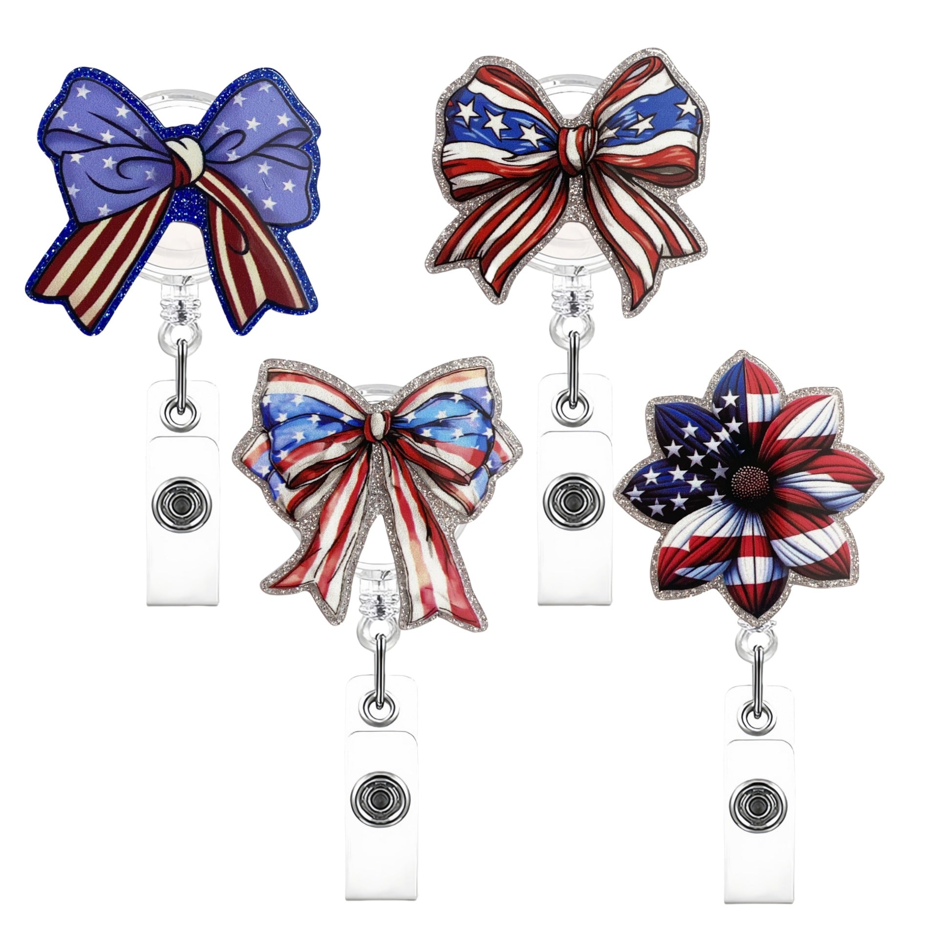 Wholesale Acrylic Glitter Independence Day Badge Reels Keychains