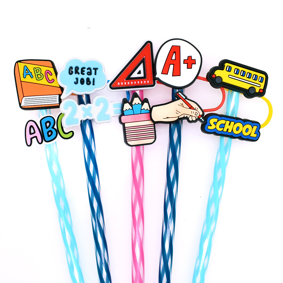 Wholesale Random Color 100pcs School Season Pencil Books Straw Tube Cap 10mm Soft Glue Straw Decoration Straw Cover ACC-SCR-RYY028